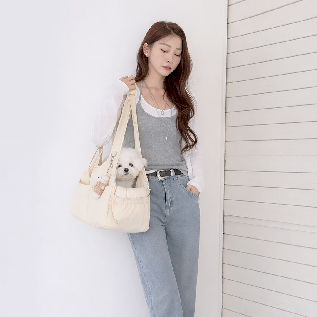 【予約】Lier petbag（ベーシッククリームクッション＋ショルダーパッド付属）｜犬用キャリーバッグ