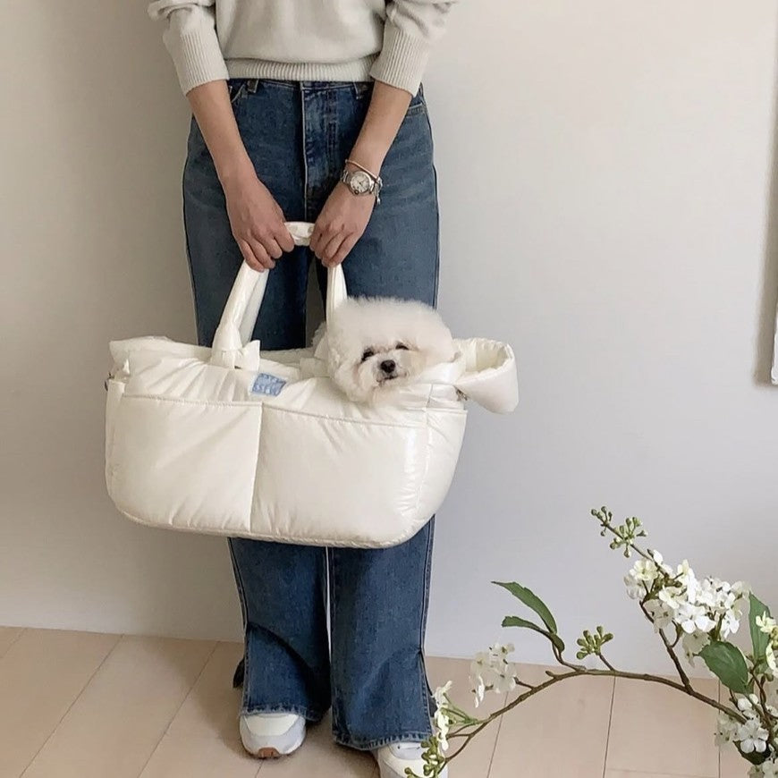 【予約】メロウバッグ グロッシー ホワイト（バッグ本体＋クッション＋底板セット）｜犬用キャリーバッグ・スリングバッグ